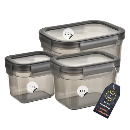 Engelland - Juego de 3 botes de almacenamiento con tapa, herméticos, a prueba de fugas, apilables, sin BPA, plástico, varios tamaños, 0,6 L, 1,1 L, 2,0 L, color gris transparente
