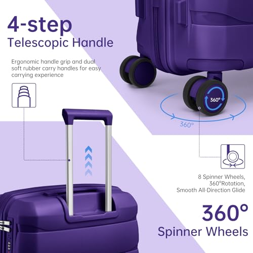 Image of Carry On Luggage 22x14x9 Airline Approved, 22 Inch PP Hardshell Luggage Carry-on Suitcase with Spinner Wheels, Carry On Suitcase Set for Women(Purple)