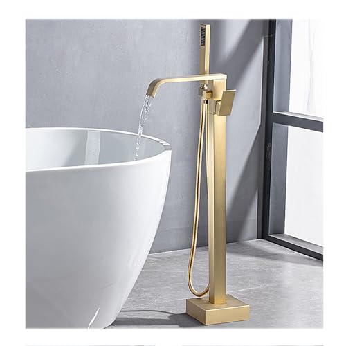 WRJAHCG Cascada Suelo Bañera Exenta Grifo,Rotación De 360° Grifo De Bañera De Pie Caliente Y Fría,Latón Monomando Grifo De Pie para Bañera Exenta,Brushed Gold