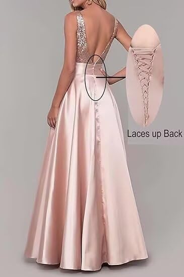 Sparkly Sequin V Neck Bridemaid Dress A Line Satin Wedding Prom Dress for Women Formal Evening Gowns with Pockets - Image 4