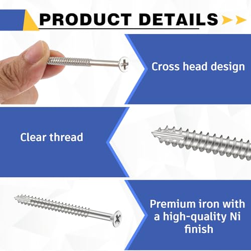 Image of 200 Pack Satin Nickel Wood Screws #9 Extra Long Heavy-Duty Hinge Screws for Doors, Cabinets, Furniture & DIY Projects (2 1 /4 Inch,Sliver)