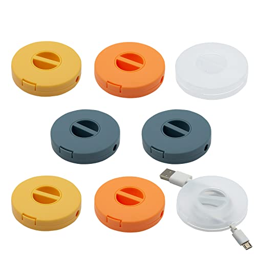 Lot de 8 Enrouleur de câble portable, LIUCONGBD 4 couleurs gestion de boîte de rangement de câble ronde, enrouleur de câble d'extension rétractable pour envelopper les cordons d'oreillettes USB Cover