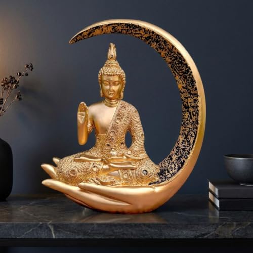 Image of Antique Big Meditating Moon Buddha Statue Showpiece for Home Decor - Living Room - House Warming - Office - Gifting - Buddha Idol Polyresin Decorative Figurine (9 Inch / 23 cm, Gold)