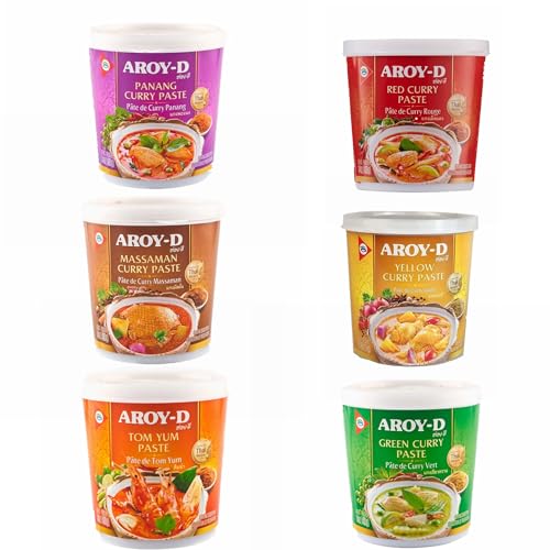 YIJIA | PACK 6x400gr Salsa Curry en pasta Tailandés (Massaman, Panang, Tom yum, Rojo, Amarillo, Verde) - Aroy-D Salsa Curry de Tailandia Original