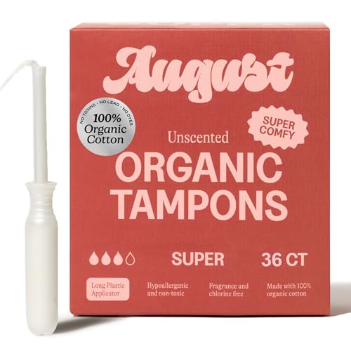 Image of August Super Tampons - Easy-Glide Long Applicators - 36-Pack 100% Organic Cotton Tampons for Women, Non-Toxic, Fragrance-Free, and Hypoallergenic