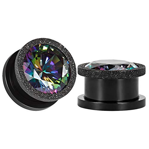 KUBOOZ Ear Plug Tunnel Gauge Stretcher Piercing Colorful Zircon Center Black Stainless Steel Screw 0G