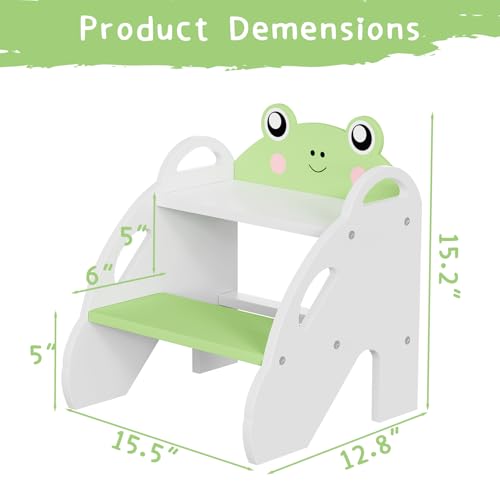 Frog-Themed Toddler Step Stool, 2-Step Stool for Bathroom Sink & Potty Training, Kids Kitchen Helper Stool with Safety Handles (Natural Wood, 120lbs Capacity)(Green) - Image 6