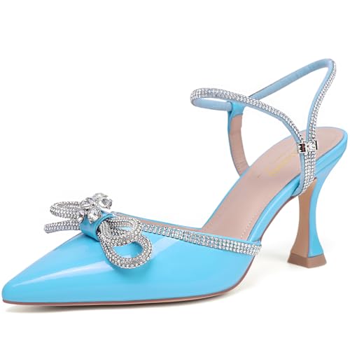Image of Susanny Women's Closed Toe Rhinstone Wedding Low Heel Slingback Clear Kitten Heels,Adjustable Strap Pointed Toe Bow Pumps High Heeled Prom Dress Shoes