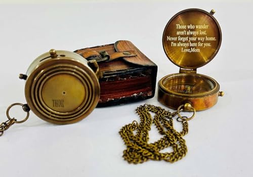 Brújula de Bolsillo Vintage de Latón Antiguo con Estuche de Cuero y Cita Grabada - Regalo Náutico miniatura 2