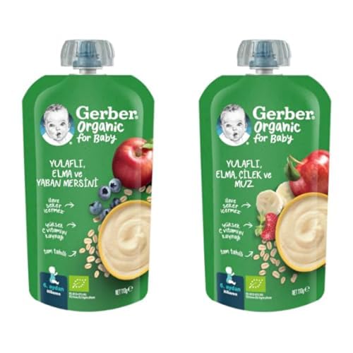 Gerber Organic Yulaflı Elma ve Yaban Mersini Püre 8x110g​ ve Gerber Organic Yulaflı Elma, Çilek ve Muz Püre 8x110g​