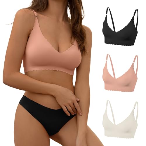Image of DEANGELMON V Neck Bra Padded Seamless Adjustable Straps Bralettes Everyday Basic Sleeping Bras Multiple Pack