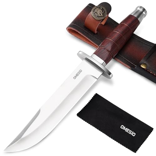 Omesio Cuchillo De Caza Para Exteriores, Hoja Fija — Incluye Funda De Cuero, Fabricado en Acero 5cr14mov — Mango De Madera Maciza — Adecuado Para Acampadas y Supervivencia en La Naturaleza