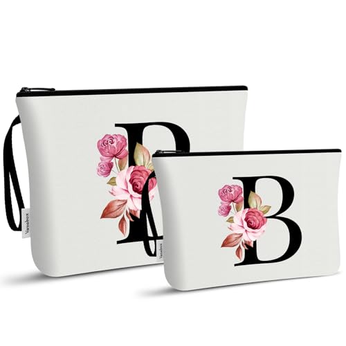 Image of Vavabox A-Z Personalized Makeup Bag, Birthday Gifts for Women Mom, Gifts for Best Friend, Bride Bridesmaid Cosmetic bag (B, 03-White Set)