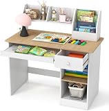 GOPLUS Kinderschreibtisch, Schreibtisch Kinder mit Bücherregal, Schublade & 4 offenen Ablagen, Kindertisch mit Tastaturablage, Jugendschreibtisch mit Kippschutz, Schreibtisch für ab 3 Jahren (Natur)