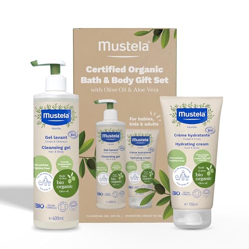Image of Mustela Certified Organic Bath & Body Gift Set - Fragrance-Free Skin Care Essentials with Olive Oil & Aloe Vera - Contains Cleansing Gel & Hydrating Cream for Baby, Kid & Adult - 2 Items Set