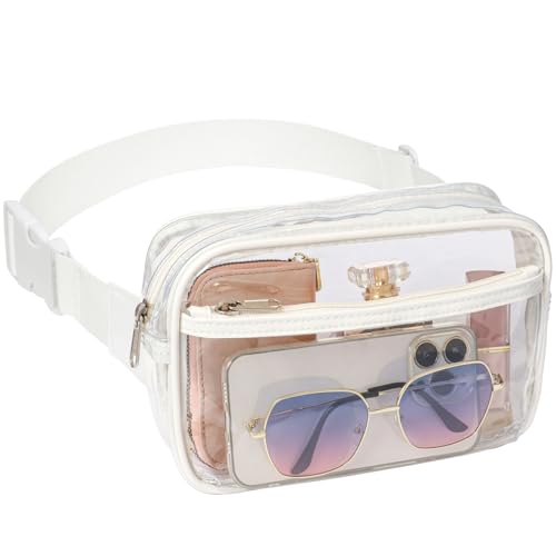 Veckle Clear Fanny Pack Stadium Approved - Large Size 35-51 Inches Adjustable Transparent Belt Bag for Women Men Fits 7.5 Smartphone Crossbody Clear Bag for Stadium Events Sports Concerts White