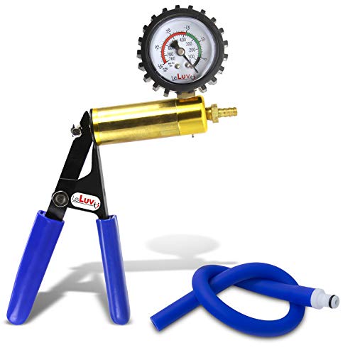 LeLuv Ultima Blue Vacuum Pump - Aluminum Alloy &amp; Brass Handle Manual Hand Vacuum (0-30 Hg, 0-760 mmHg), Gauge Installed with Protective Rubber Cover, Rubber Padded Grips with Silicone Hose &amp; Fitting