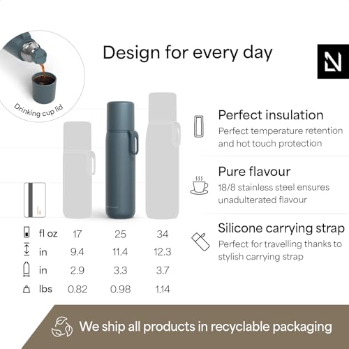 Image of LARS NYSOM Stainless Steel Thermo Water Bottle - Double Wall Insulated Water Bottle with Cup & Carry Strap, Leakproof Metal Bottle for Travel, Office & Outdoor (Stone Blue, 25oz)