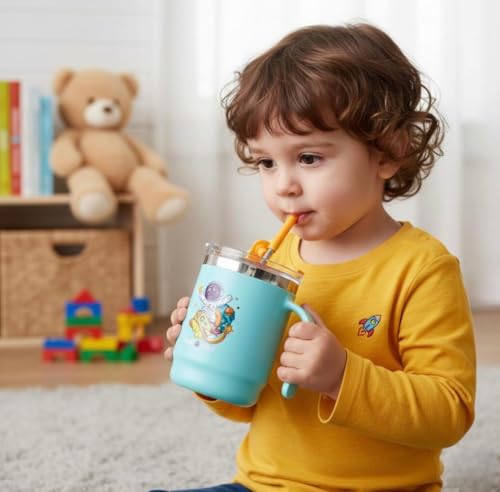 Image of Astronaut Insulated Mug with Lid and Straw, Stainless Steel, Blue, 12.5 x 11.5 cm, with Handle