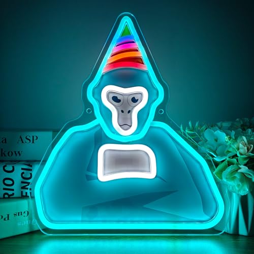 JOSEBRU Ice Blue Gorilla Neon Sign with Party Hat Funky Animal LED Art Lights for Game Room Wall Decor USB Dimmer Sign for Birthday Party Bedroom Mini Games Fans Holiday Gifts