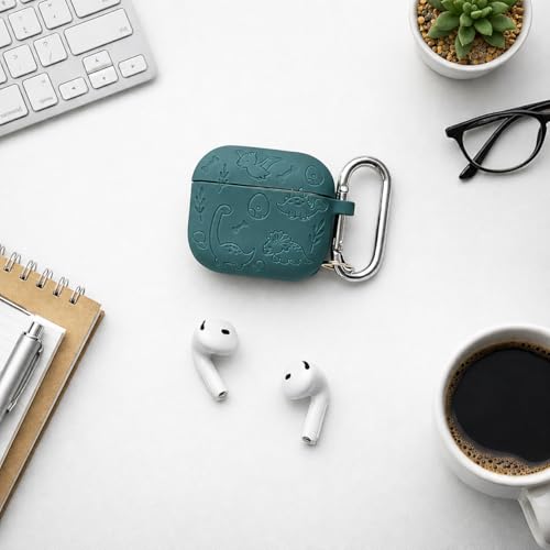 Image of Emoh Roced Case for Airpod 4 with Keychain,Silicone Dinosaur Engraved Cases Compatible with Apple AirPods 4th Generation 2024, Anti-Scratch, Protective Case Cover (Dark Green, for AirPods 4)