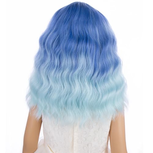 Image of PATTNIUM Ombre Blue Wig with Bangs for Women Short Blue Wavy Curly Wig Bob Wigs Synthetic Halloween Cosplay Costume Wigs