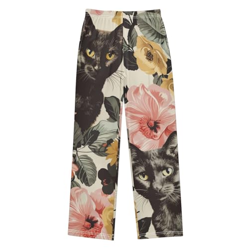 Cat Butterfly Flowers Boys Long Pants Soft Trousers Elastic Waist Kids Lounge Bottoms with Pockets S-XL