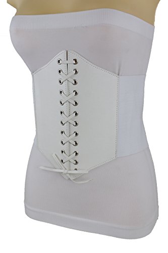 TFJ Women Winter White Elastic Corset Belt High Waist Faux Leather Wide Size M L XL