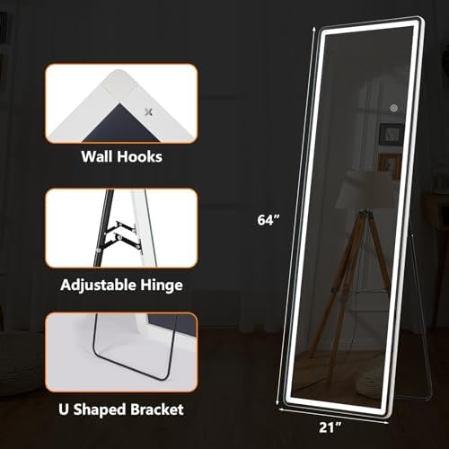 Floor Mirror with LED Light, 64” x 21” Full Length Mirror with Stand, Hanging Mirror Wall Mounted Mirror with Dimming & 3 Color Lighting, Full Body Mirror for Living Room Bedroom Cloakroom, White 6 41M9zjVQqDL. AC