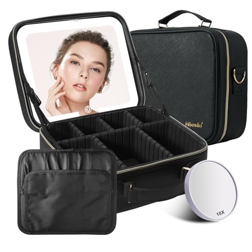 Mocado Travel Makeup Bag with LED Mirror Cosmetic Bag Makeup Organiser Storage with 3 Color Lighted Setting and 10x Magnifying Mirror Vanity Case and Adjustable Dividers Makeup Box(Black)