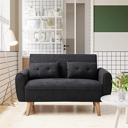Vongrasig 47" Small Modern Loveseat Sofa, Mid Century Linen Fabric 2-Seat Sofa Couch Tufted Love Seat With Back Cushions And Tapered Wood Legs For Living Room, Bedroom And Small Space (Black) #TOP2