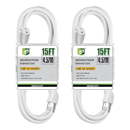 Image of EP 15FT Outdoor Extension Cord, 16 /3 SJTW Heavy Duty White 2PK, ETL Listed