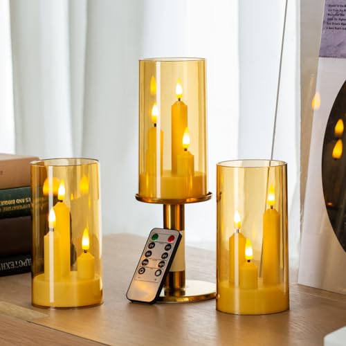 Image of Hausware 3-in-1 Flameless LED Taper Candles with Remote - Battery Operated, Realistic & Portable Candles Set,3-Pack,Durable Indoor /Outdoor Decor (Gold)