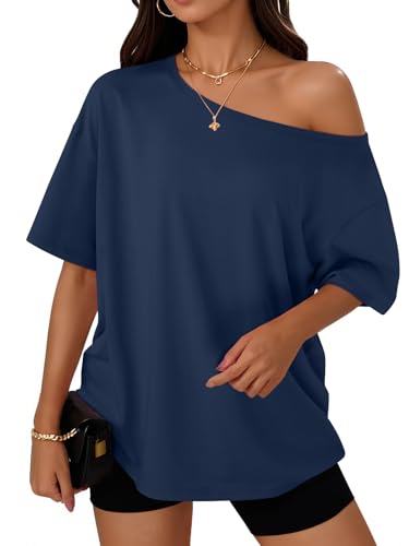 Image of Trendy Queen Womens Off the Shoulder Tops Oversized Summer T-Shirts 2026 | Breathable Strenchy Comfort Material Short Sleeve Basic Oversized Tees Casual Workout Gym Y2k Going Out Clothes