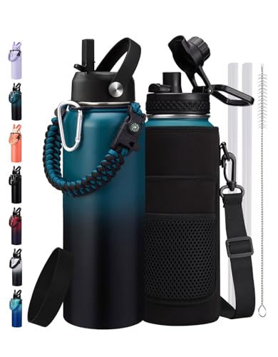 Image of 32 /40 /64 /128 oz Insulated Water Bottle 40 oz, (Cold for 48H), Leak Proof Food-Grade Stainless Steel Water Jug With Auto Spout and Straw Lid, Portable Paracord Handle & Carrier Bag for Men Women Gym