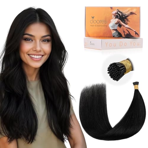 DOORES I Tip Hair Extensions Real Human Hair Jet Black 50g/50s 20 Inch Remy Extensions Invisible ITips Straight Cold Fusion Natural