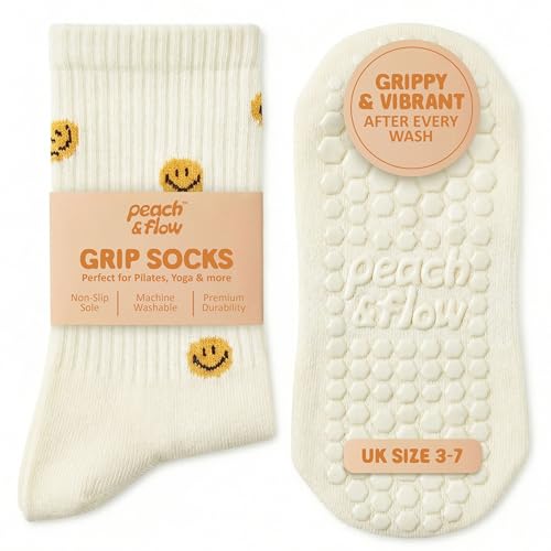 Peach & Flow Cute Pilates Grip Socks for Women | Non-Slip Reformer Yoga & Barre Socks | UK Size 3-7 Multiple Unique Styles (Smiley Faces)