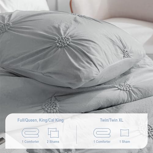 Image of Swift Home Full /Queen Gray Comforter Set - Ruched 3D Floral Pintuck Bedding Set - 3 Pieces Bed Linen, 1 Comforter and 2 Pillow Shams