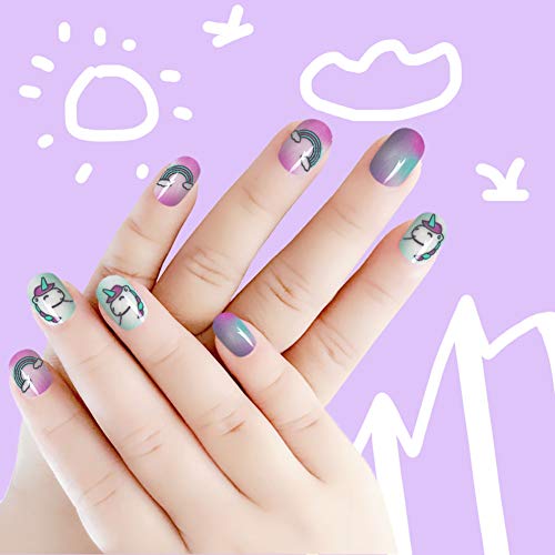 Laza 120pcs Children Nails Press On Pre-glue Full Cover Glitter Gradient Color Rainbow Sparkling Star Unicorn Shell Short False Nail Kits for Kids Teenager Girls - Legend of Unicorn - Thumbnail 4