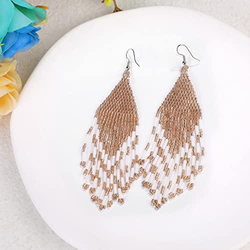 Papasgix Long Beaded Drop Dangle Earrings Boho Native Handmade Seed Bead Tassel Earrings For Women And Girls, Bohemian Large Statement Beaded Drop Tassel Earrings For Gifts (Champagne Gold) #TOP5