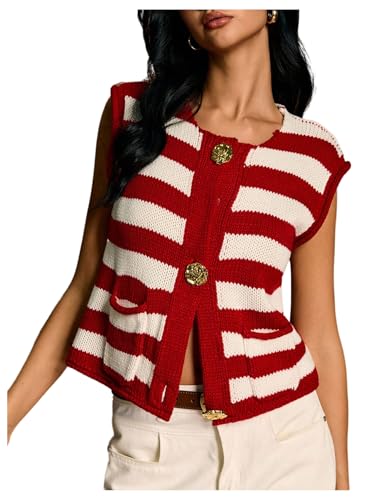 MakeMeChic Women's Striped Metal Floral Sweater Vest Crew Neck Button Down Knit Top with Pocket
