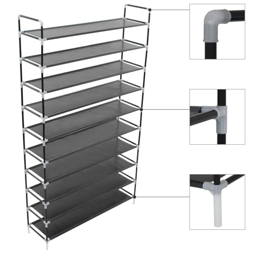 Sufrk Shoe Rack with 10 Shelves Metal and Non-woven Fabric Black,Multifunctional Dust-proof Shoe Storage Cabinet for All Kinds of Shoes,Books,Toys and Clothing