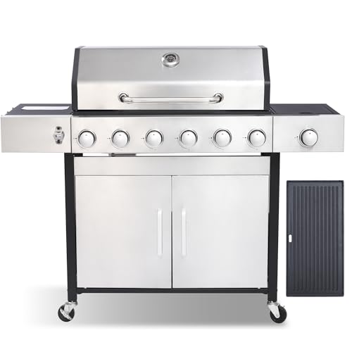 LMNOCHM Gas Grill and Griddle Combo with Side Burner, 6-Burner Propane Grill with Porcelain-Enameled Cast Iron Grates and Double-Wall Insulated Lid, 69,000 BTU BBQ Grill for Outdoor Cooking