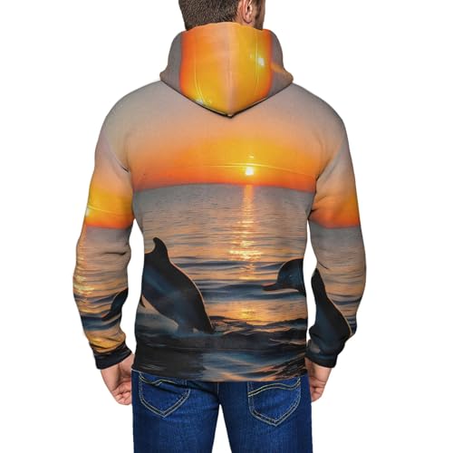 Sweat à capuche imprimé dauphins graphisme coucher de soleil pull doux homme