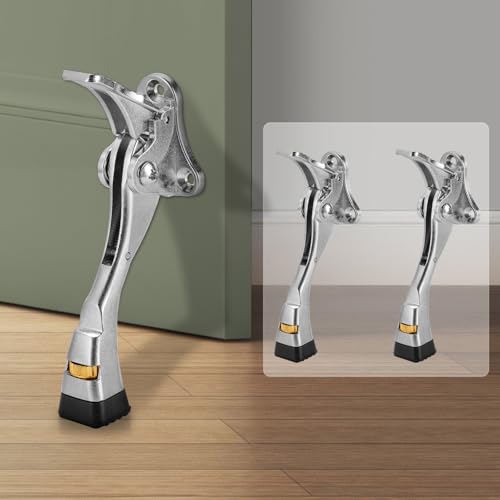 GoldPig Kickdown Door Stopper, 2 Packs Door Holder to Keep Door Open, 4 Inch One Touch Semi-Automatic Satin Nickel Doors Stoppers, Adjustable Height and Rubber Tip, Heavy Duty Door Stop(Nickel)