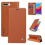 SLWYF Handyhülle für Huawei Y6 2018/Y6 Prime 2018 Hülle [Mit 2 Stück Panzer Schutz Glas] Premium PU Lederhülle Wallet Klappbar Flip Hülle Tasche Magnet Kartenfach Standfunktion, Braun