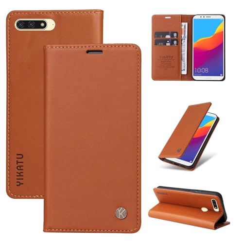 SLWYF Handyhülle für Huawei Y6 2018/Y6 Prime 2018 Hülle [Mit 2 Stück Panzer Schutz Glas] Premium PU Lederhülle Wallet Klappbar Flip Hülle Tasche Magnet Kartenfach Standfunktion, Braun