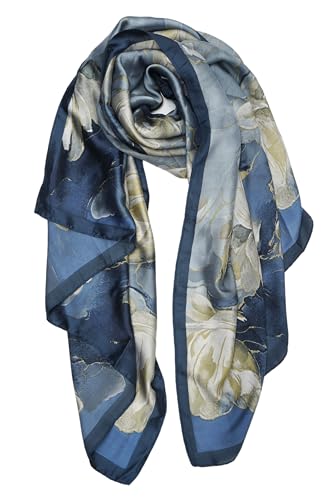 YOUR SMILE Large Mulberry Silk Feeling Long Stain Scarf Lightweight Sunscreen Shawls Wraps for Women (03 Blue/Oil Paingting Flower)