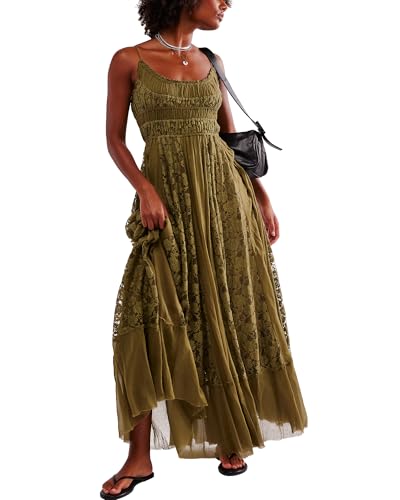 Gacaky Summer Dress for Women Casual Lace Floral Embroidered Bohemian Maxi Dress Flowy A Line Beach Long Dress