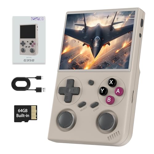 G350 Retro Handheld Game Console G350 Retro Gaming Console 3.5'' IPS Screen Linux 64+32 System Built-in 64G TF Card 20+Emulators Pre-Installed 4371 Games Retro Game Console with 3200mAh Battery Gray